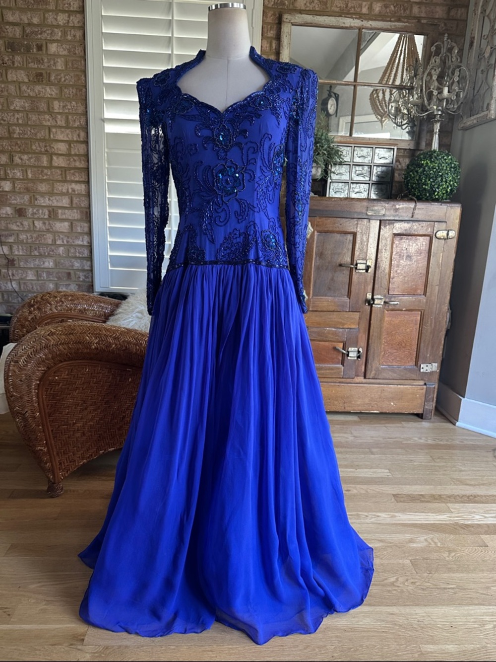 OLEG CASSINI BLACK TIE LUXURY VINTAGE BLUE BEADED EVENING DRESS SILK 6